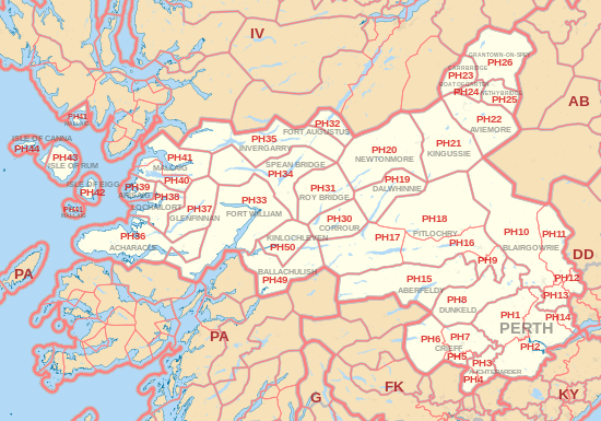 PH postcode area map, showing postcode districts, post towns and neighbouring postcode areas.