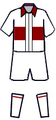 Football uniform composed of a white shirt with a red horizontal stripe, white shorts, and white socks