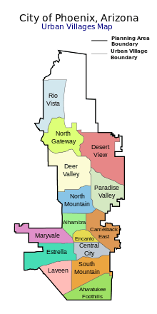 a graphic representation showing how Phoenix is broken up into 15 urban villages