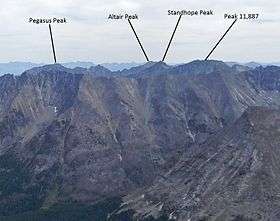 A photo of Pegasus and surrounding peaks viewed from the summit of Hyndman Peak.