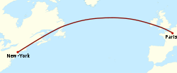 A simplified map of the northern Atlantic, showing a curved great circle route from Paris to New York