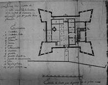 Architectural drawing of building with four protruding corners