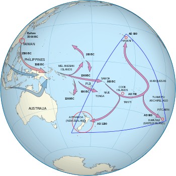 One set of arrows point from Taiwan to Melanesia to Fiji/Samoa and then to the Marquesas Islands. The population then spread, some going south to New Zealand and others going north to Hawai'i. A second set start in southern Asia and end in Melanesia.