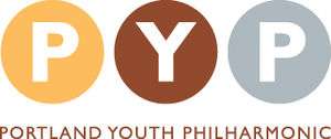 Three circles, each a different color, with a letter inside: "P", "Y", and "P". Below the three circles is the text "Portland Youth Philharmonic".