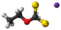 Ball-and-stick model of the component ions of potassium ethyl xanthate