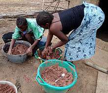 Two teenage girls traditionally prepare shea butter