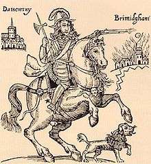 The picture centres on Rupert riding a horse, with his pet dog beneath him. Rupert is holding a small pike and firing a pistol, and is clad in armour. On the left is a small representation of the town of Daventry; on the right a depiction of Birmingham, ablaze.