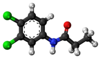 Ball and stick rendition of the propanil molecule