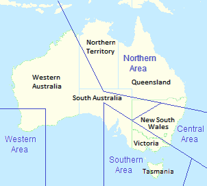 Map of Australia showing state borders, with RAAF area command boundaries superimposed