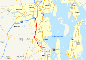 Highways in the Warwick area of southeastern Rhode Island are shown on a map. Route 4 is highlighted, running south to north for 10 miles from U.S. Route 1 in North Kingstown to Interstate 93 in West Warwick.