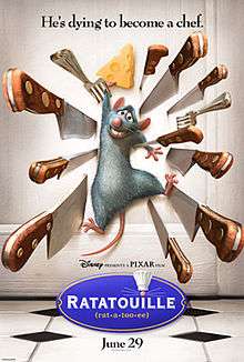 A rat is smiling nervously as he clings to a piece of cheese while he is pinned to a door by sharp knives and forks. The film's tagline, "He's dying to become a chef", is displayed along the top. A logo with the film's title and pronunciation is shown at the bottom, with the dot on the 'i' in "Ratatouille" doubling as a rat's nose with whiskers and a chef's toque.