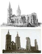 Reculver church in 1800 and in the early 1900s