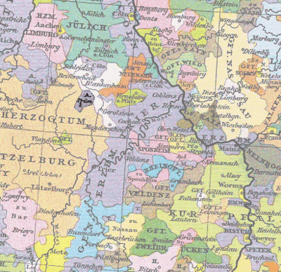 A small territory is highlighted in a map, near the territories labelled Archbishopric of Trier, the Duchy of Jülich and the Duchy of Lützelberg