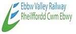 Logo has a stylised capital 'E' to the left; spine of the 'E' is boomerang shaped in green also forming the lower stroke; upper two strokes are blue. The name 'Ebbw Valley Railway' (written in the same colour blue as the logo) is above the name 'Rheilfford Cwm Ebwy' (written in the same colour green as the logo)