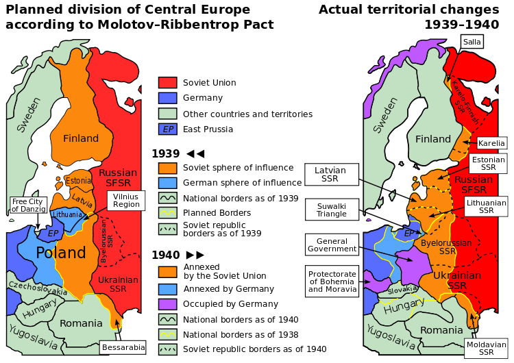 Map showing the planned and actual divisions of Poland according to the Molotov-Ribbentrop Pact.