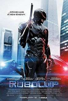 Robocop ,holding his gun ,getting out of his police car and looking right ,behind him ,there is the city ,and he is surrounded by the film's name ,slogan and credits and the release date.