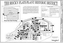 A map bearing the title "Rocky Flats Historic District." An overall map of the main production site and the relatively large surrounding buffer zones is shown in the inset, with most of the image showing a more detailed map of the facility's buildings (about 65 total).