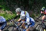 Ferrand Prevot on the Oude Kwaremont at the 2015 Tour of Flanders in the world championship, rainbow, kit