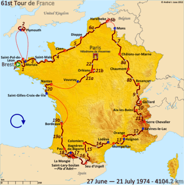 Map of France with the route of the 1974 Tour de France