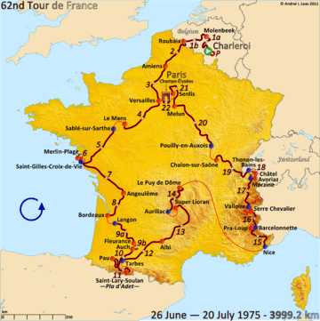 Map of France with the route of the 1975 Tour de France