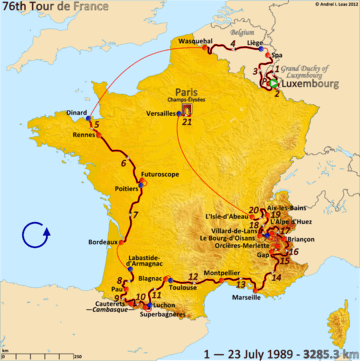 Map of France with the route of the 1989 Tour de France