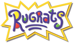 The word "Rugrats" and two small underlines in dark blue written in a child's handwriting, with red, yellow, and green dots, a white background, and a jagged yellow border.