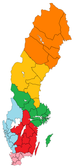 Clickable image map showing the geographic boundaries of district courts in Sweden.