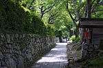 A path through a wooded area next to a wall of unhewn stones.