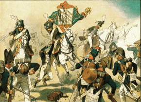 Color print of Prussian horsemen with death's head on their shakos charging through French infantry and capturing a standard