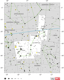 Diagram showing star positions and boundaries of the Scorpius constellation and its surroundings