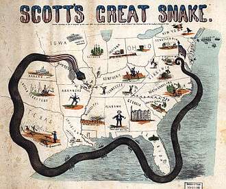 A cartoon map of the South surrounded by a snake.