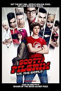 A pink-haired girl named Ramona, standing back to back with a boy in a red t-shirt, Scott Pilgrim. Behind them pictures of her seven evil exes.