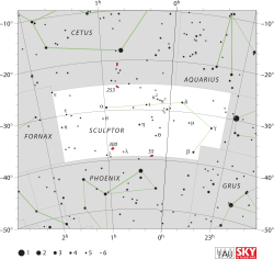 Diagram showing star positions and boundaries of the Sculptor constellation and its surroundings