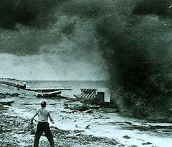 A man stands on a crumbled roadway by a body of water. The road is filled with bricks and pieces of broken concrete lying around. The man is tense, facing a large, black, smoke-like wave of water that fills the upper right-hand portion of the picture. The man looks frightened and his legs are bent, spaced apart, as if preparing to run or sprint.