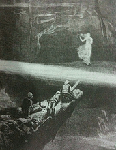 Depiction of She, Holly, Leo, and Job journeying to the underground cavern containing the Pillar of Life. Ayesha stands on one side of a deep ravine, having crossed over using a plank of wood as a demonstration of its safety. She beckons the three Englishmen to follow her. A great beam of light divides the darkness about them.