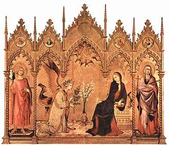  An altarpiece with a golden background and a frame surmounted by five richly carved Gothic pediments. Centre, the Virgin Mary, who has been reading, turns in alarm as the Angel Gabriel kneels to the left. The angel's greeting "Ave Maria, Gratia Plena" is embossed on the gold background. The figures are elongated, stylised and marked by elegance. There are saints in the side panels.