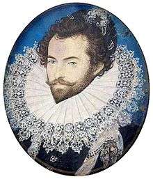 A head-and-shoulders portrait of Sir Walter Raleigh.  He is wearing an extremely large ruff, and has his hair done up in curls. Underneath the ruff, he is wearing a black shirt.