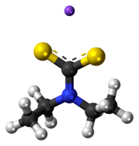 Ball-and-stick model of the component ions of sodium diethyldithiocarbamate