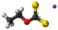 Ball-and-stick model of the component ions of sodium ethyl xanthate