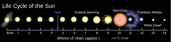 14 billion year timeline showing Sun's present age at 7017145164960000000♠4.6 Ga; from 7017189345600000000♠6 Ga Sun gradually warming, becoming a red dwarf at 7017315576000000000♠10 Ga, "soon" followed by its transformation into a white dwarf