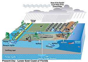 Color digital illustration of recent water drainage in South Florida, showing a significantly diminished Everglades replaced by homes and agriculture; some wells are dug into the Biscayne aquifer and a deeper one into the Floridan aquifer. Under the most developed portion of the coastline the Atlantic Ocean is intruding on the Biscayne aquifer