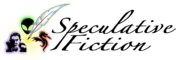 vampire, face of little green man, feather pen (quill) and fire-breathing dragon – to the right of that are scripted words "Speculative (over) Fiction"