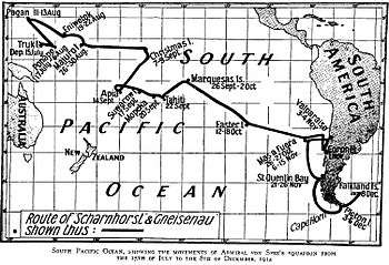 Map of depicting various pacific islands and the dates at which Spee arrived at them.