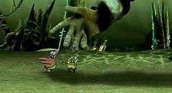 SpongeBob and Patrick chased by large green hand on the sea floor