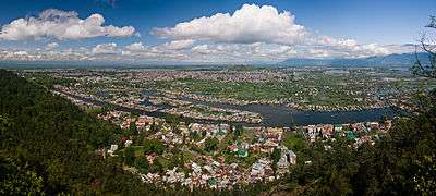 Panorama of city in green area near a river and lakes