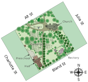 Vector graphics site map with streets, buildings, the cemetery, pathways, and trees marked.