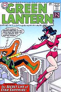 A cartoon image of Green Lantern and a super villainess (wearing shades of violet) in mid-air, high over a city below. The woman is looking over her shoulder at Green Lantern and shooting a yellow beam of light at him with her hand. The beam has hit him in the chest and he is surrounded by a wavy orange outline. Green Lantern is being forced backward and away from the villainess. A thought bubble over his head shows he is thinking: "She hurled a repelling ray at me! There must be a way of defeating this mystery woman!" The top of the image is titled "Green Lantern" with a small label that reads "DC" in the upper left corner. The bottom of the image has a caption that reads: "The Secret Life of Star Sapphire!"