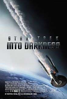 The poster shows a flaming starship falling toward Earth, with smoke coming out of it. The middle of the poster shows the title "Star Trek: Into Darkness" in dark gray letters, while the production credits and the release date are shown at the bottom of the poster.