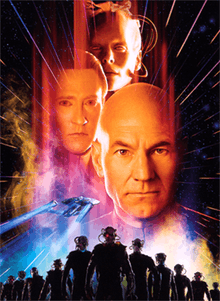 Movie poster for Star Trek: First Contact, showing head shots of Patrick Stewart as Captain Jean Luc Picard, Brent Spiner as Data, and Alice Krige as the Borg Queen, from bottom to top; the bottom shows an image of the starship Enterprise NCC-1701-E speeding to the background over an army of Borg drones.