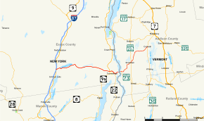 NY 74 and VT 74 both follow east–west alignments from Interstate 87 in Schroon, New York, to VT 30 in Cornwall, Vermont. The combined route passes through Ticonderoga, where NY 74 intersects NY 22, crosses Lake Champlain, and intersects VT 22A in Shoreham.